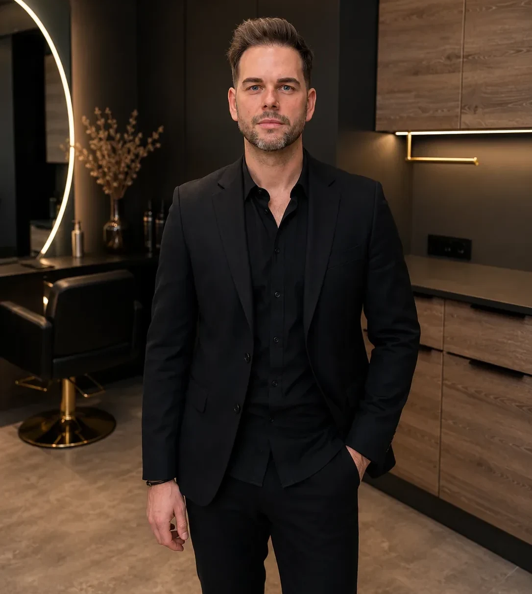 Christoph Nussbaumer – Meisterfriseur, Intercoiffure und dipl. Colorist, stehend in seinem Privatsalon St. Pölten (KI-generiert)