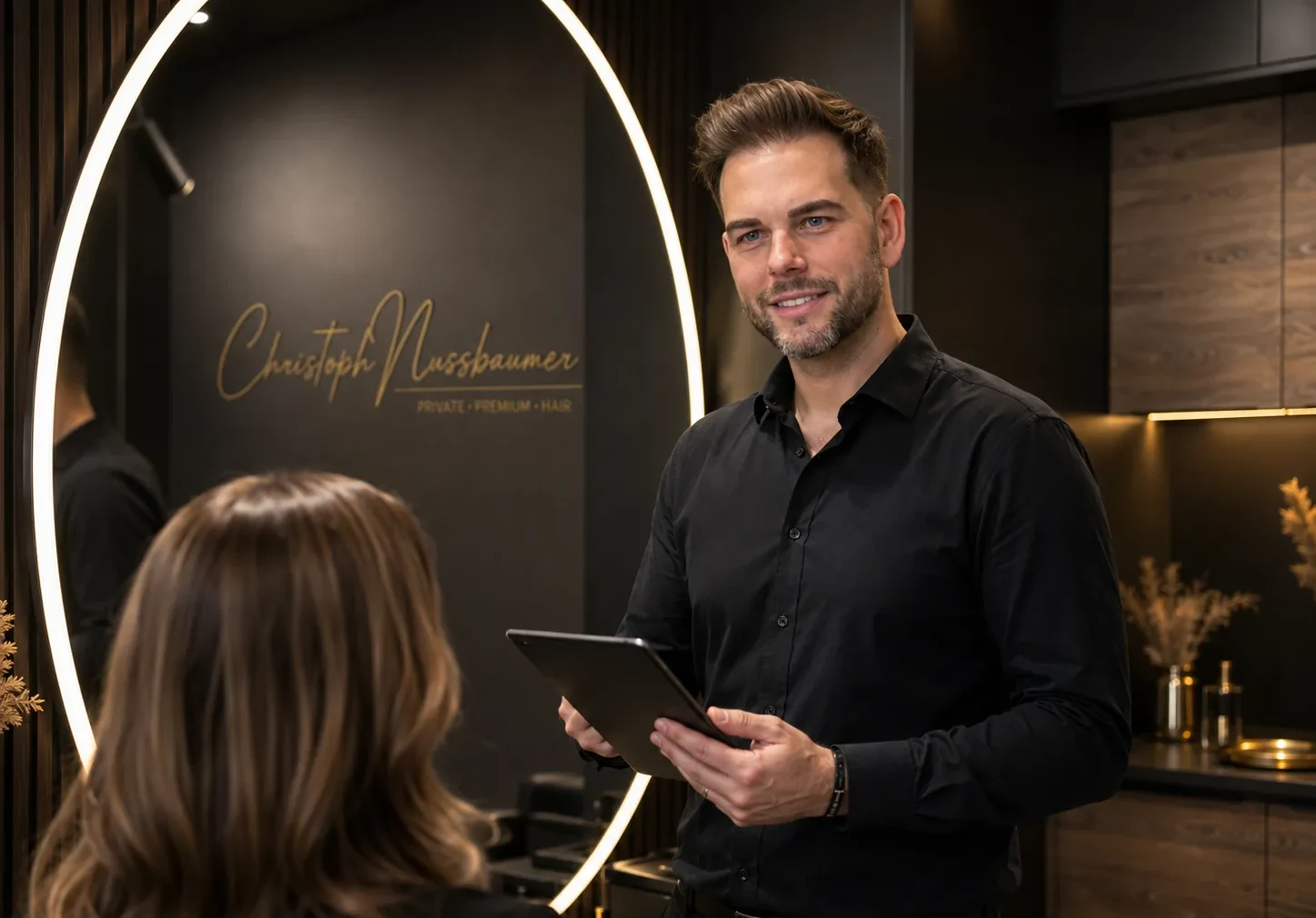 Stimmungsvoller Privatsalon in dunklen, erdigen Tönen mit goldenen Akzenten (KI-generiert)