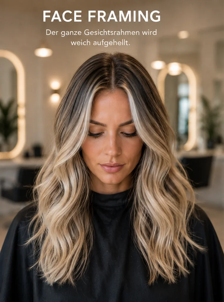 Zweites Beispiel in Blond, frontal: Face Framing mit weich aufgehelltem Gesichtsrahmen (KI-generiert)