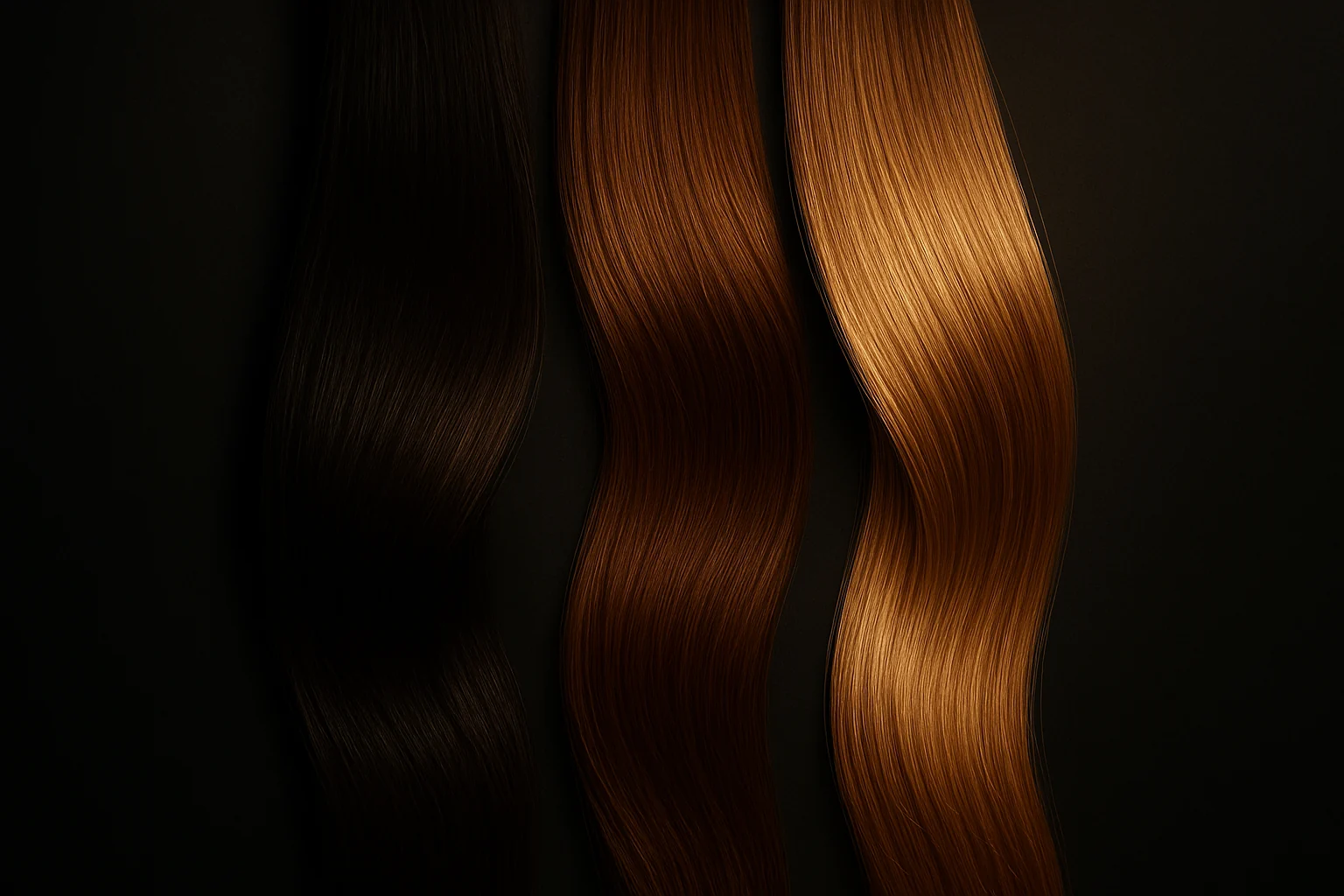 Farbe, Tönung und Glossing – drei Haarsträhnen von tiefer Farbe über aufgefrischten Ton bis zu glänzendem Finish (KI-generiert)