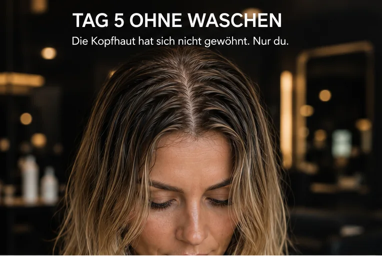 Tag 5 ohne Waschen: sichtbar fettiger, strähniger Ansatz. Text: Die Kopfhaut hat sich nicht gewöhnt, nur du (KI-generiert)
