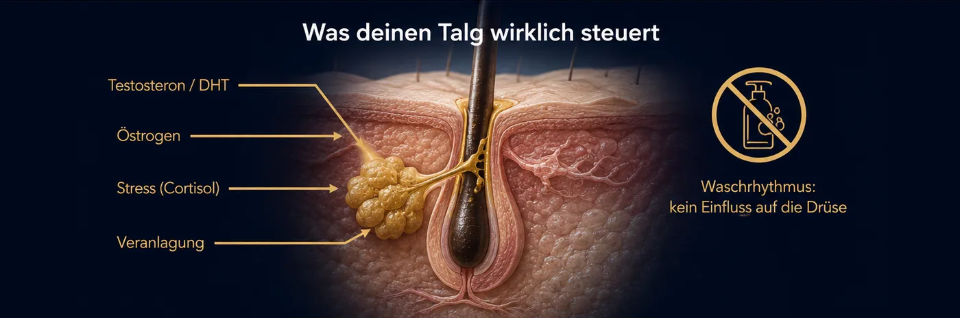 Grafik: Querschnitt der Kopfhaut mit Haarfollikel und Talgdrüse. Pfeile zeigen, was den Talg steuert: Testosteron und DHT, Östrogen, Stress und Veranlagung. Ein durchgestrichenes Shampoo-Symbol steht für: Waschrhythmus hat keinen Einfluss auf die Drüse (KI-generiert)