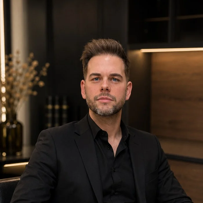 Christoph Nussbaumer – Meisterfriseur & diplomierter Colorist in seinem Privatsalon in St. Pölten (KI-generiert)